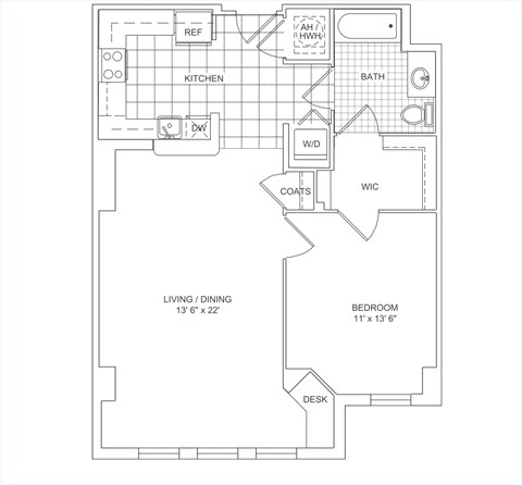 Floor plan for 1 bed, 1 bath, 819 sqft
